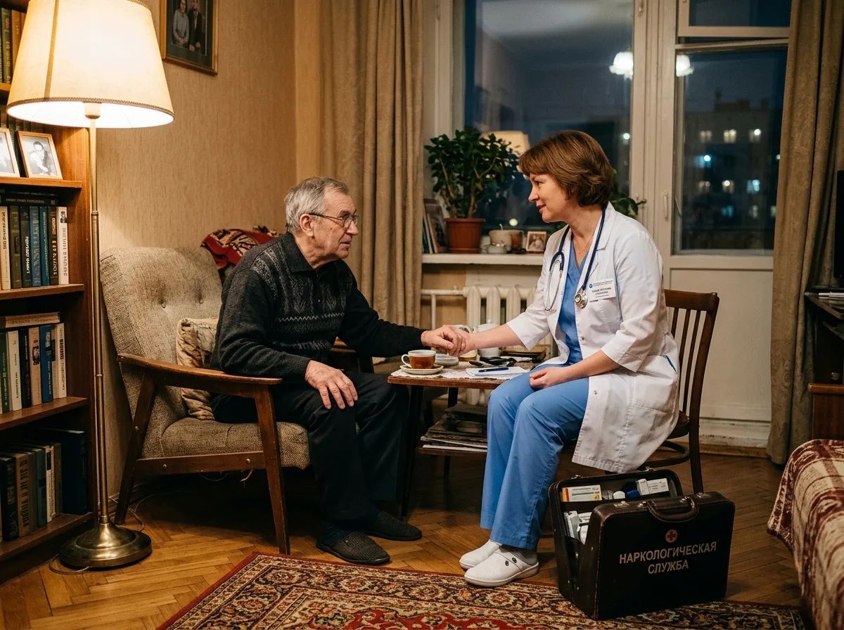 Врач-нарколог в белом халате приезжает на вызов на дом к пациенту в Москве, тёплое освещение квартиры, профессиональный медицинский чемодан, атмосфера доверия и заботы